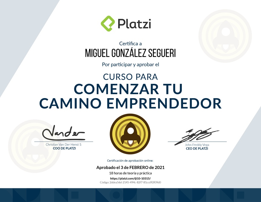 Diploma del Curso para Comenzar tu Camino Emprendedor