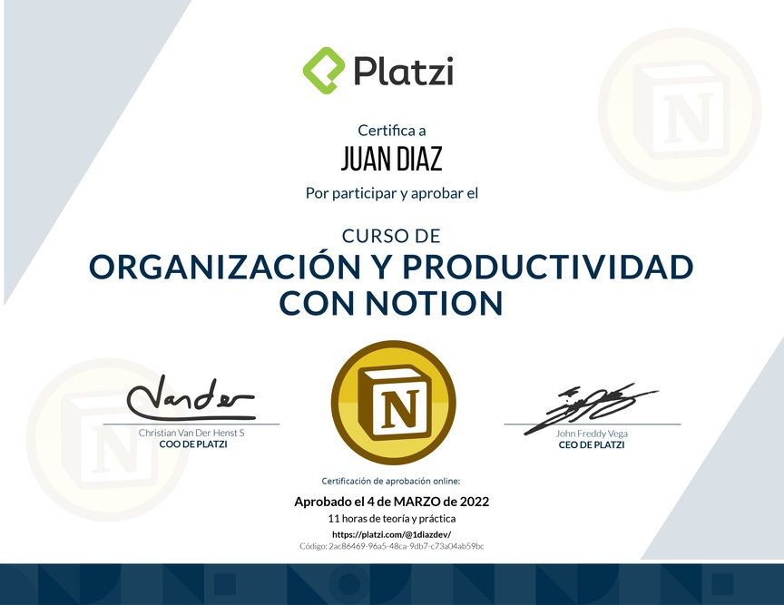 Diploma del Curso de Organización y Productividad con Notion (2021)