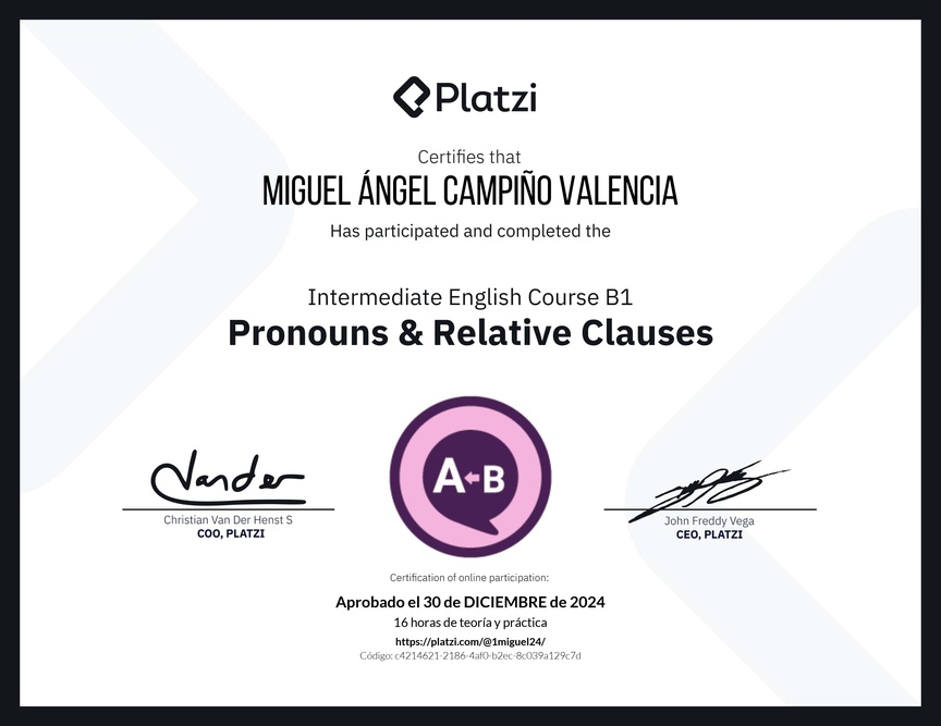 Diploma del Curso de Inglés Intermedio B1: Pronombres y Cláusulas Relativas