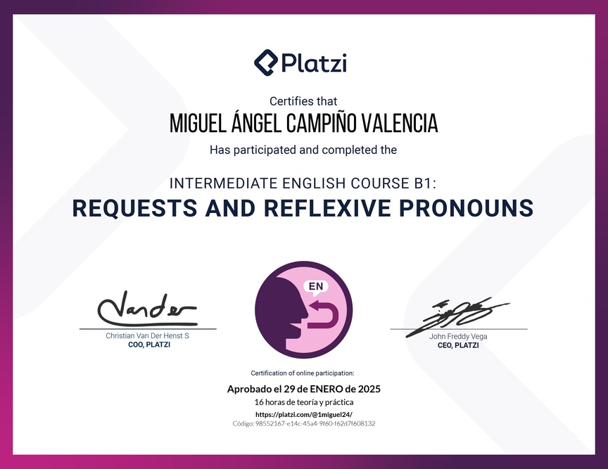 Diploma del Curso de Inglés Intermedio B1: Solicitudes y Pronombres Reflexivos