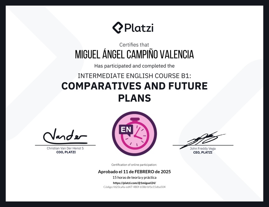 Diploma del Curso de Inglés Intermedio B1: Comparativos y Planes Futuros