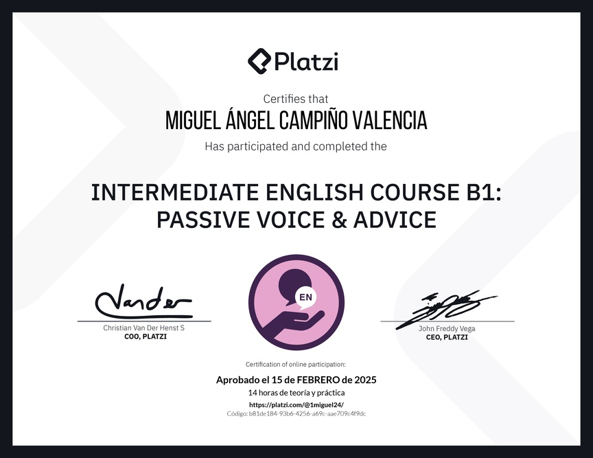 Diploma del Curso de Inglés Intermedio B1: Voz Pasiva y Consejos