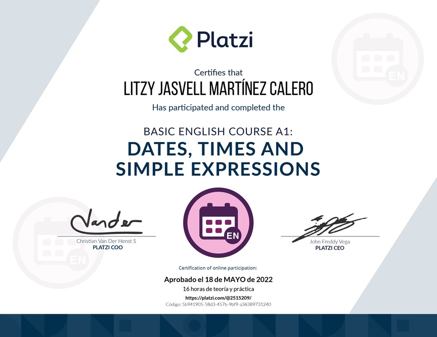 Diploma del Curso de Inglés Básico A1: Fechas, Horas y Expresiones Simples