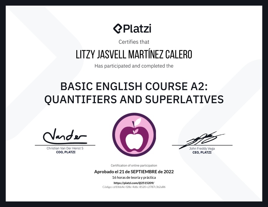 Diploma del Curso de Inglés Básico A2: Cuantificadores y Superlativos