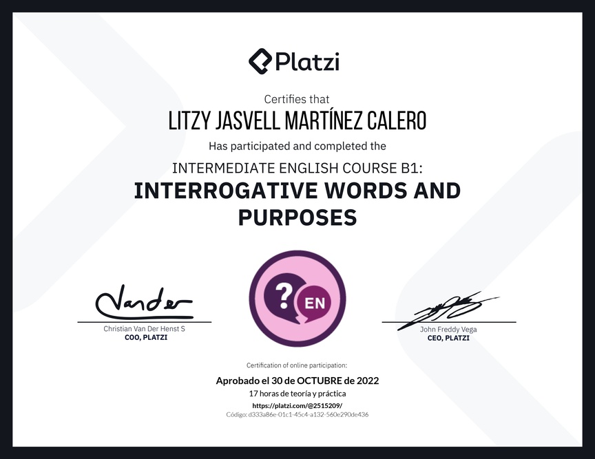 Diploma del Curso de Inglés Intermedio: Palabras Interrogativas y Propósitos (2021)