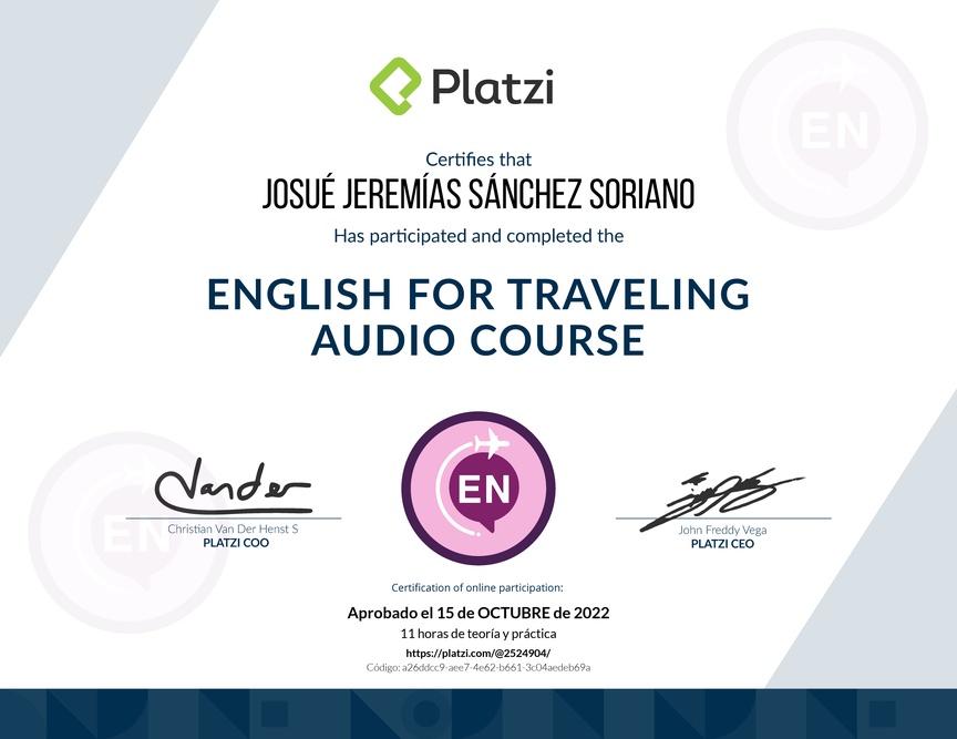 Diploma de Audio Curso de Inglés para Viajes