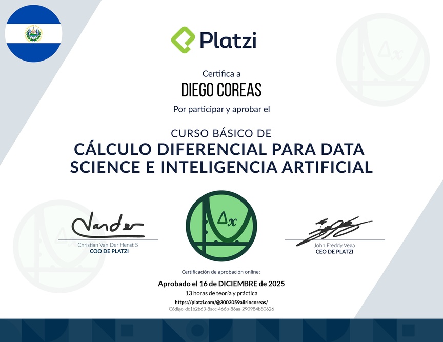 Diploma del Curso Básico de Cálculo Diferencial para Data Science e Inteligencia Artificial