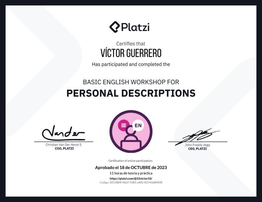 Diploma del Curso de Inglés Práctico para Descripciones Personales (2020=