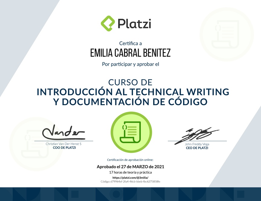 Diploma del Curso de Introducción al Technical Writing y Documentación de Código