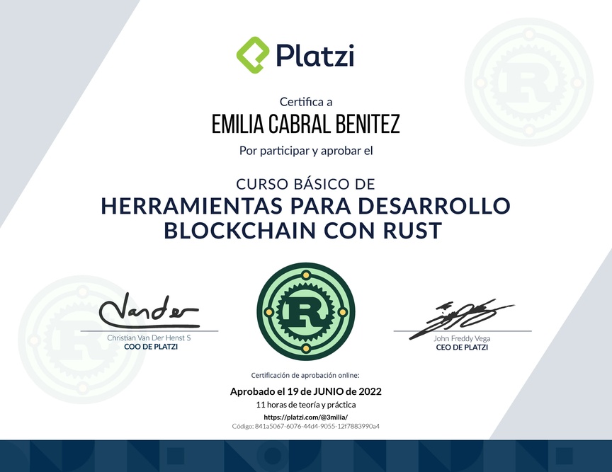 Diploma del Curso Básico de Herramientas para Desarrollo Blockchain con Rust