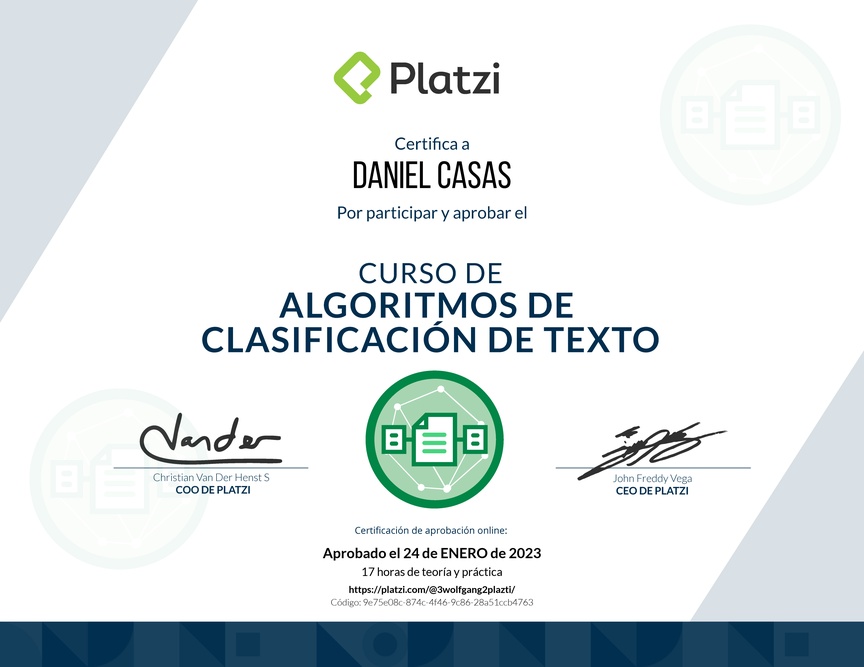 Diploma del Curso de Algoritmos de Clasificación de Texto