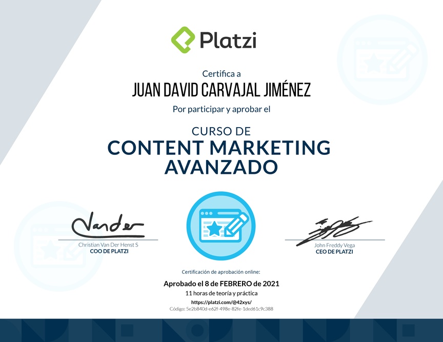 Diploma del Curso de Desarrollo de Estrategias de Content Marketing