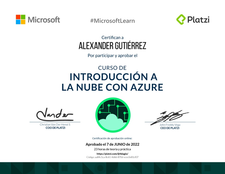 Diploma del Curso de Introducción a la Nube con Azure