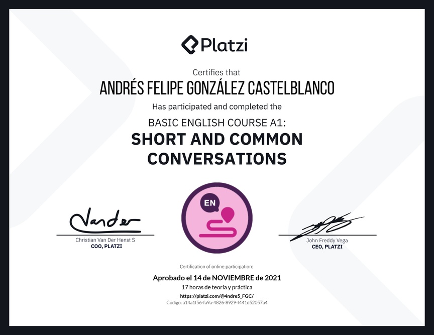 Diploma del Curso de Inglés Básico A1: Conversaciones Cortas y Habituales (2020)