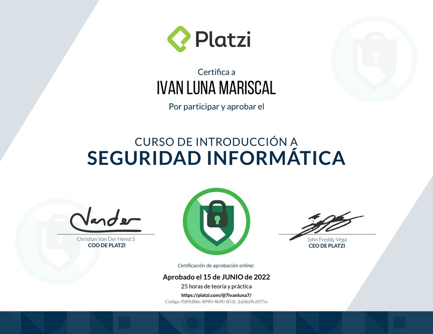 Diploma del Curso de Introducción a la Seguridad Informática