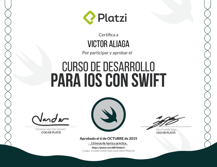Diploma del Curso de Desarrollo para iOS con Swift 2014