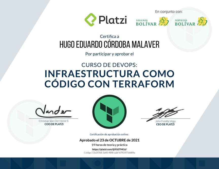 Diploma del Curso de Infraestructura Como Código con Terraform
