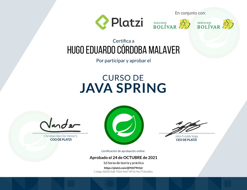 Diploma del Curso de Java Spring