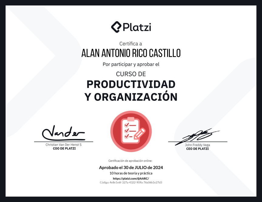 Diploma del Curso de Productividad y Organización