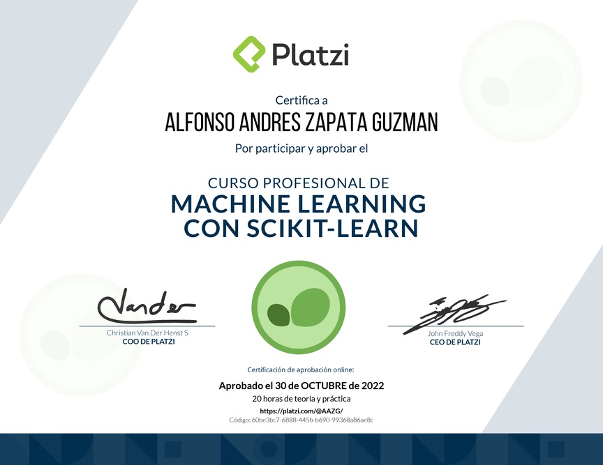Diploma del Curso Profesional de Machine Learning con scikit-learn