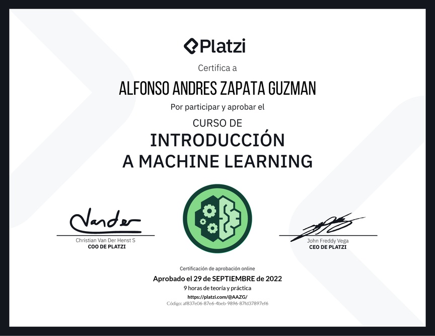Diploma del Curso de Introducción a Machine Learning