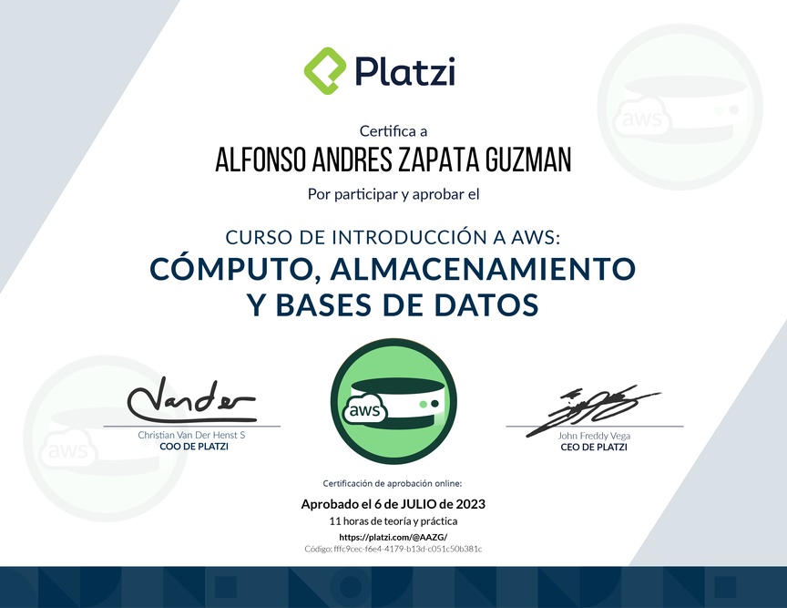 Diploma del Curso de Introducción a AWS: Cómputo, Almacenamiento y Bases de Datos