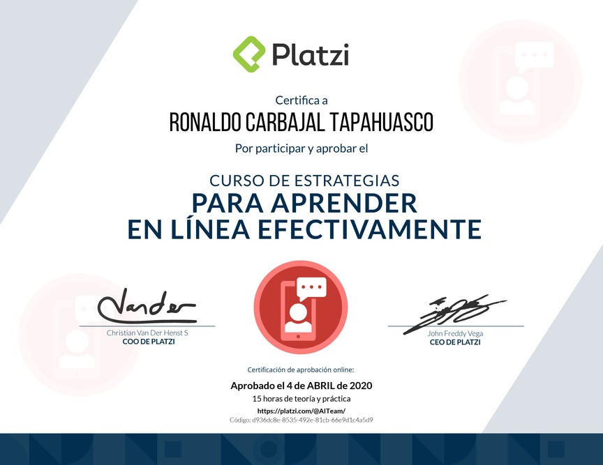 Diploma del Curso de Estrategias para Aprender en Línea Efectivamente 2019