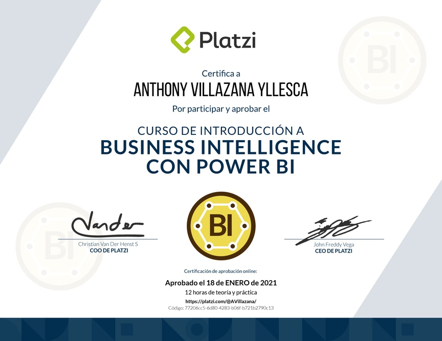 Diploma del Curso de Introducción a Business Intelligence con Power BI