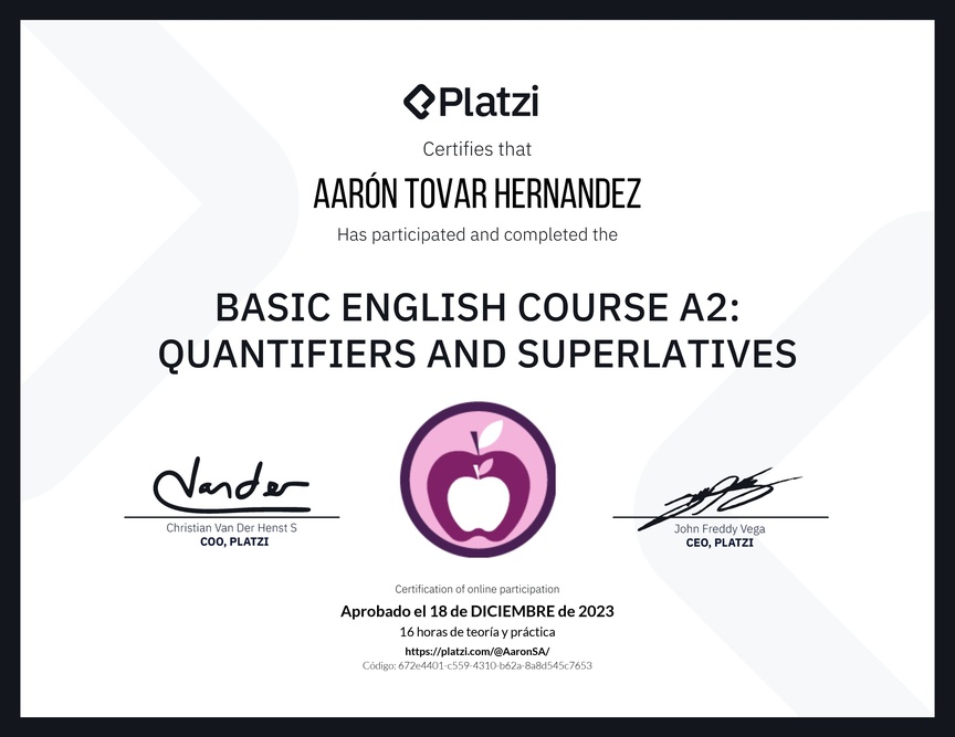 Diploma del Curso de Inglés Básico A2: Cuantificadores y Superlativos