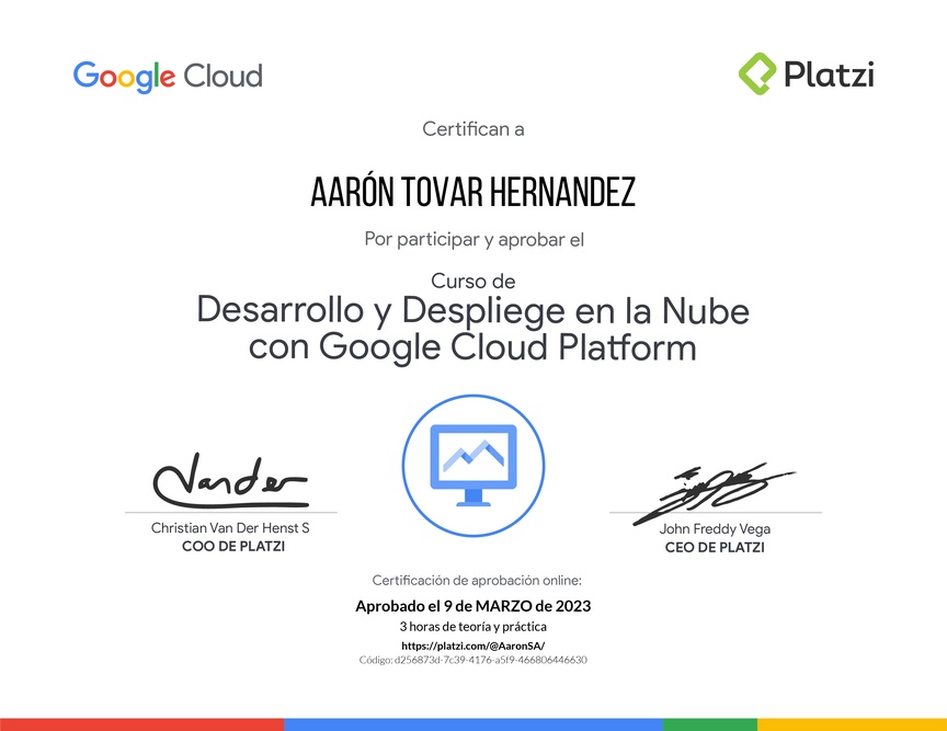 Diploma del Curso de Desarrollo y Despliegue en la Nube con Google Cloud Platform
