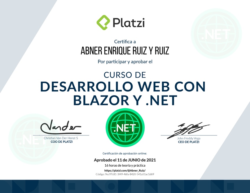 Diploma del Curso de Desarrollo Web con Blazor y .Net Core 3