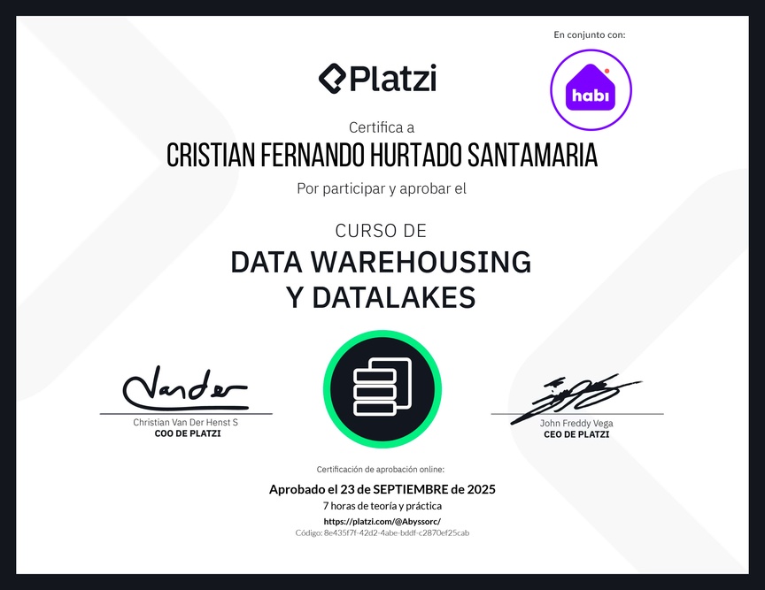 Diploma del Curso de Data Warehousing y Data Lakes