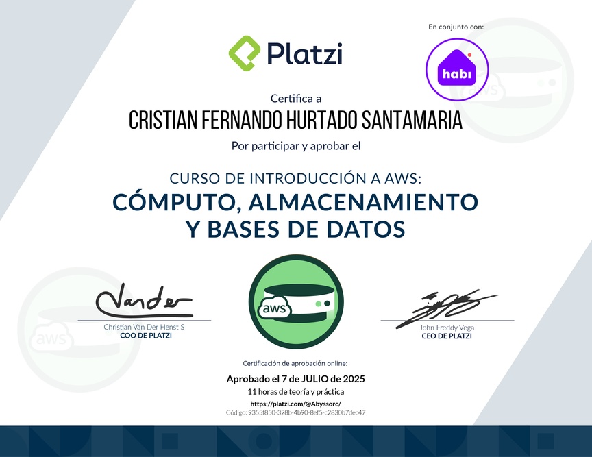 Diploma del Curso de Introducción a AWS: Cómputo, Almacenamiento y Bases de Datos