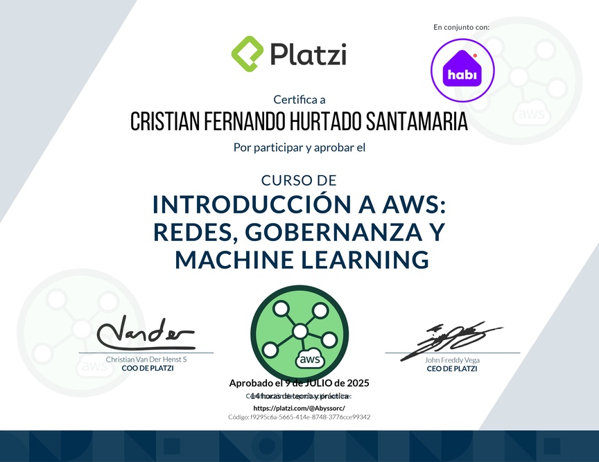 Diploma del Curso de Introducción a AWS: Redes, Gobernanza y Machine Learning