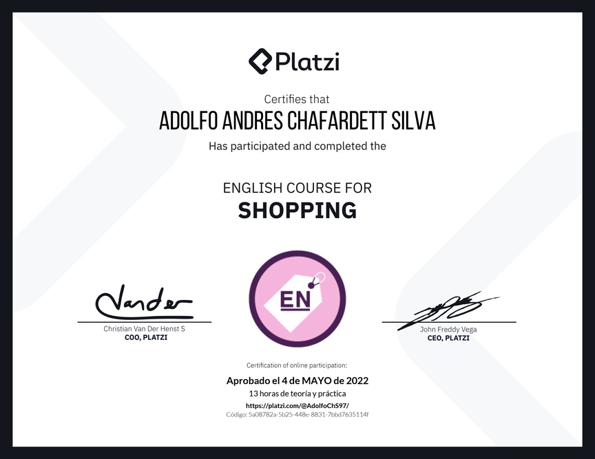Diploma del Curso de Inglés para Compras (2020)