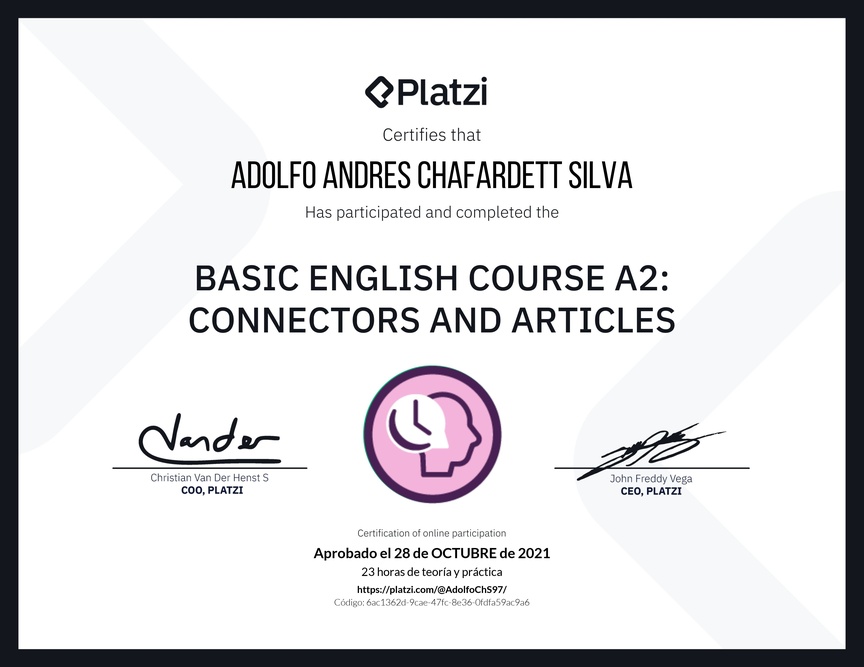 Diploma del Curso de Inglés Básico A2: Conectores y Artículos