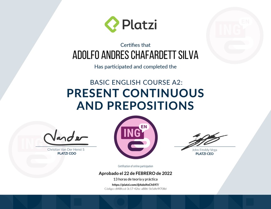 Diploma del Curso de Inglés Básico A2: Preposiciones y Presente Continuo (2021)