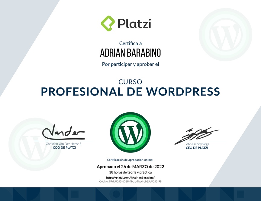 Diploma del Curso Profesional de WordPress