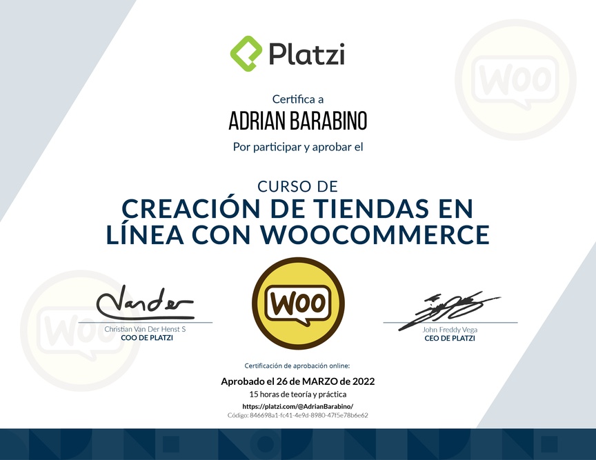 Diploma del Curso de Creación de Tiendas en Línea con WooCommerce