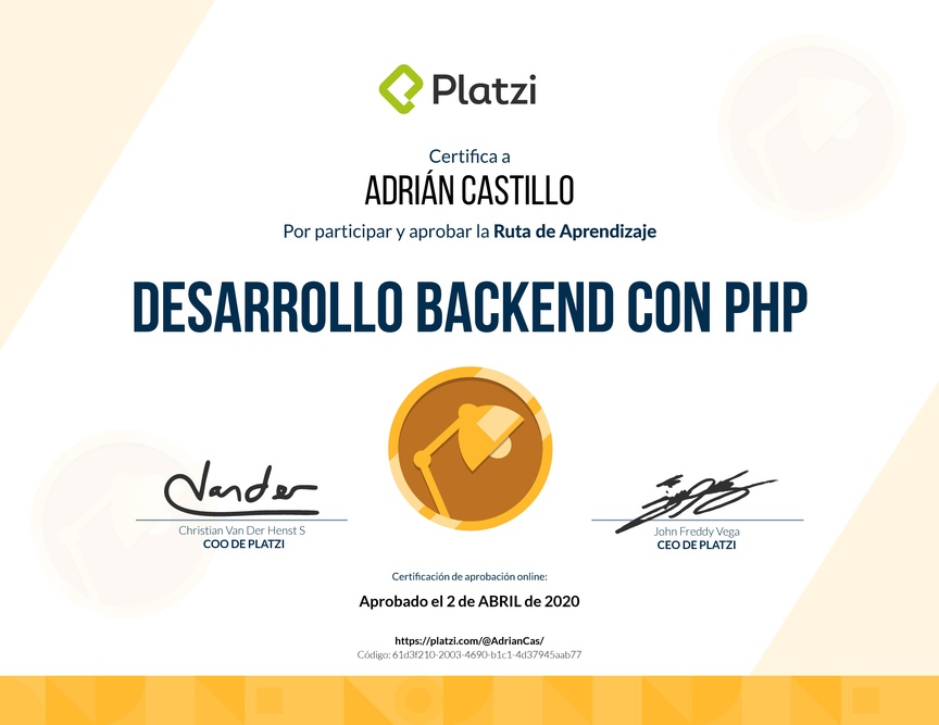 Diploma de la Ruta de Aprendizaje de Desarrollo Web Backend con PHP