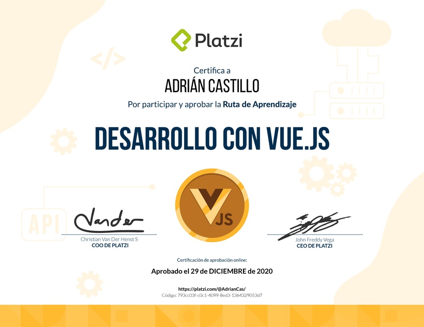 Diploma de la Ruta de Aprendizaje de Frontend a profundidad con Vue.js
