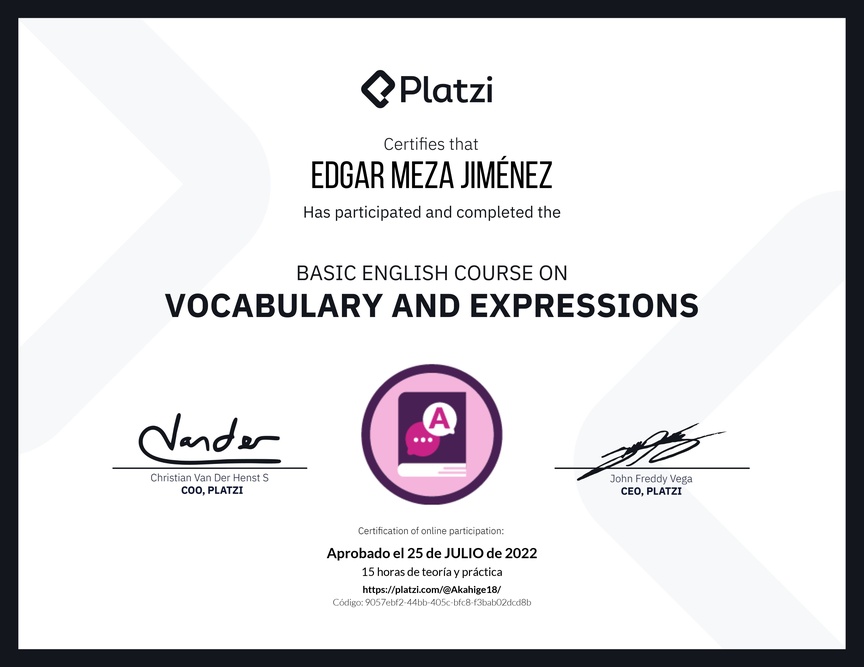 Diploma del Curso Básico de Vocabulario y Expresiones en Inglés