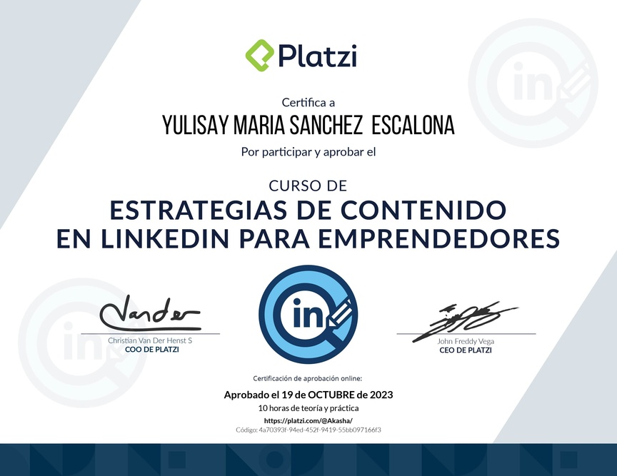Diploma del Curso de Estrategia de Contenido en LinkedIn para Emprendedores
