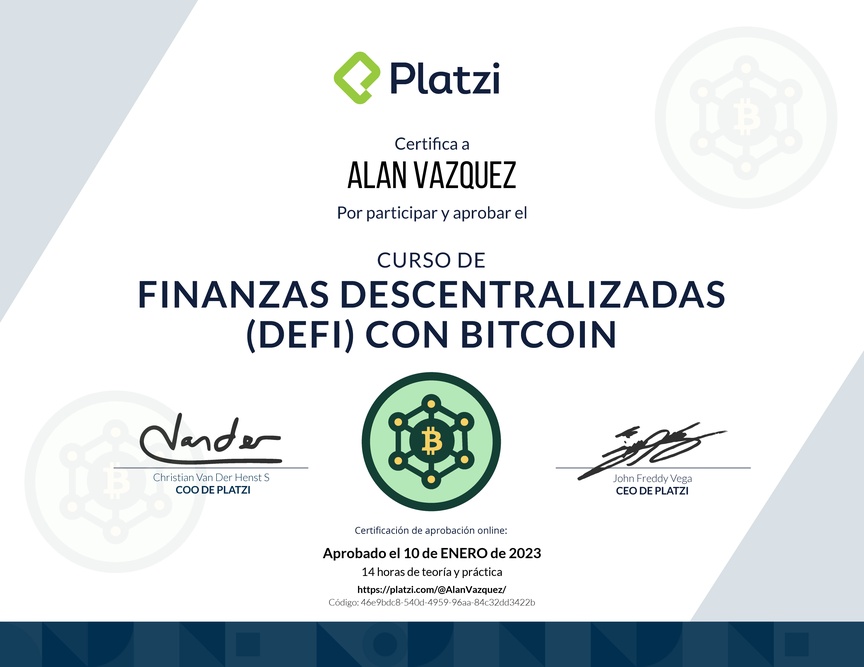 Diploma del Curso de Finanzas Descentralizadas con Bitcoin
