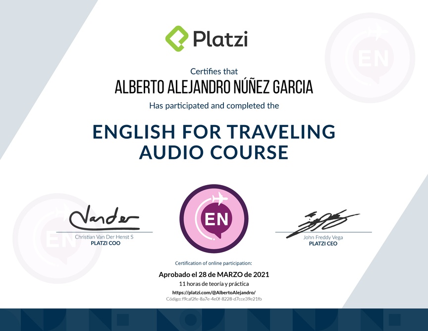 Diploma de Audio Curso de Inglés para Viajes
