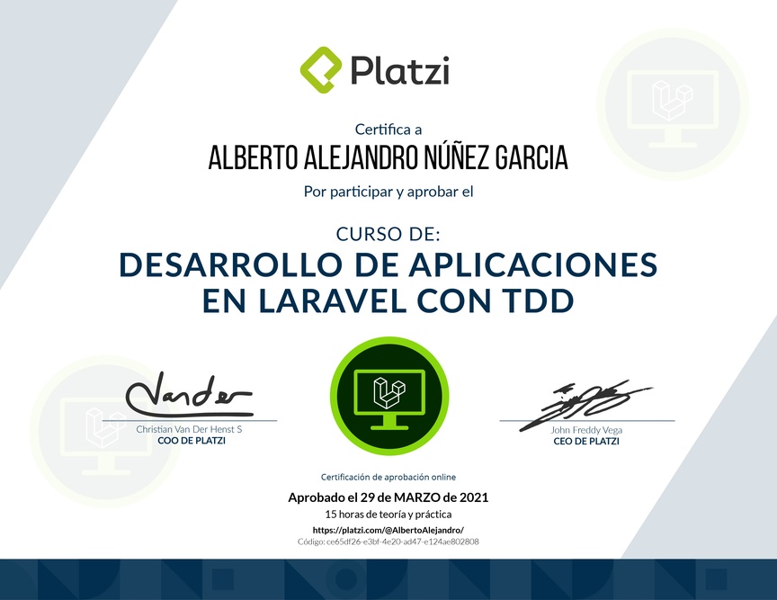 Diploma del Curso de Desarrollo en Laravel con Test Driven Development