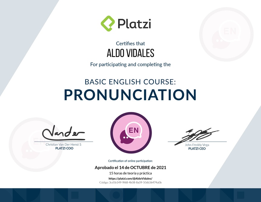 Diploma del Curso de pronunciación básica en Inglés 2020