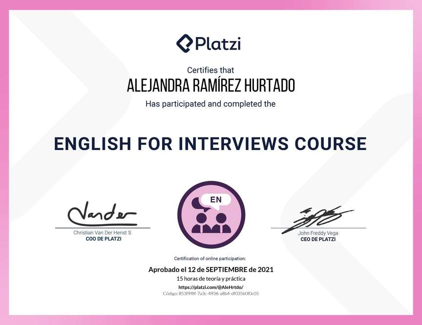 Diploma del Curso para Entrevistas de Trabajo en Inglés (2020)