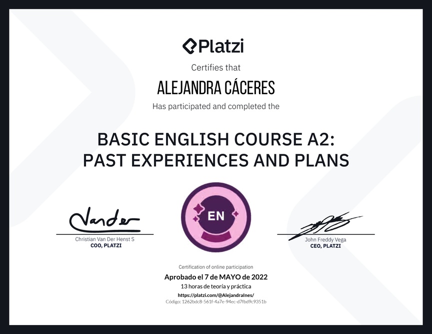 Diploma del Curso de Inglés Básico A2: Experiencias Pasadas y Planes