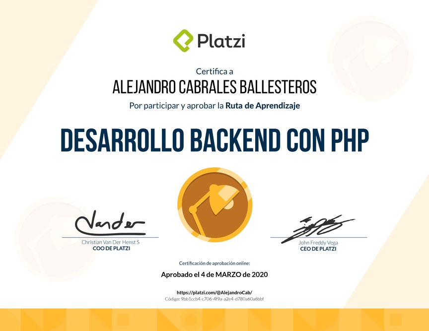 Diploma de la Ruta de Aprendizaje de Desarrollo Web Backend con PHP